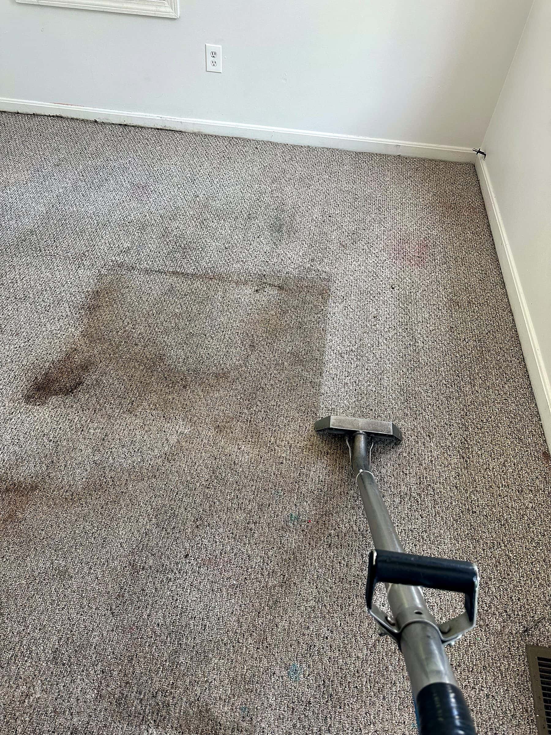 A carpet extraction wand at the edge of a freshly cleaned section of a stained carpet.